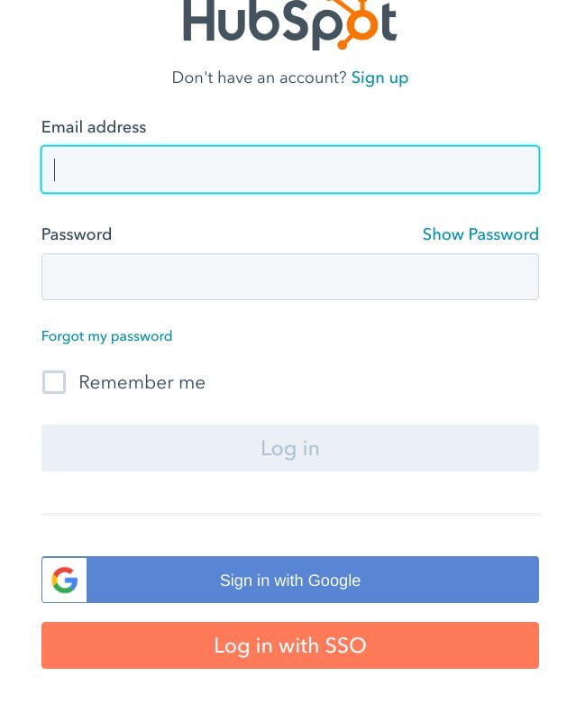 Skärmbild av HubSpots inloggningssida med fält för e-postadress och lösenord samt knappar för inloggning med Google och med SSO.