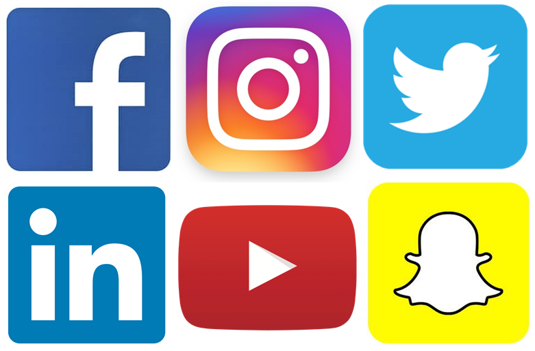 Logotyper för Facebook, Instagram, X (tidigare Twitter), LinkedIn, YouTube och Snapchat.
